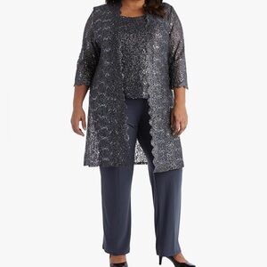 Sequined Lace Duster 3 Piece Formal Pants Suit in Gunmetal Gray w/FREE BONUS Bag
